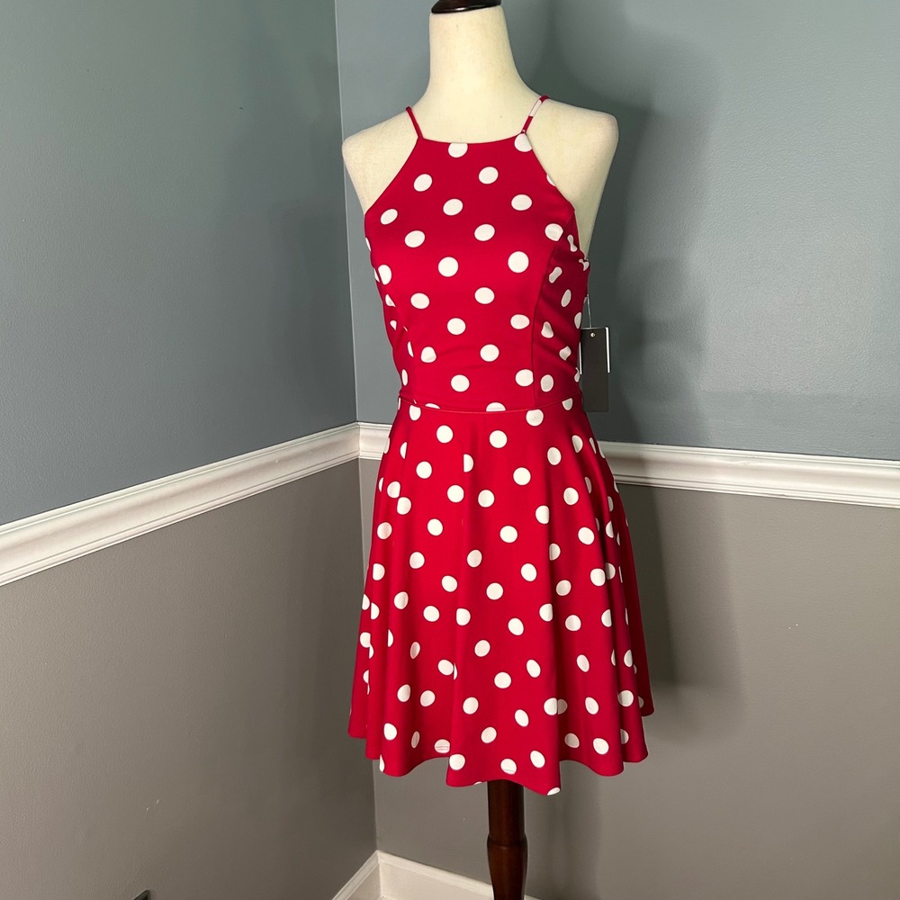 City‎ Studio Red White Polka Dot Halter Mini Dress Back Cutout Size 3 NEW